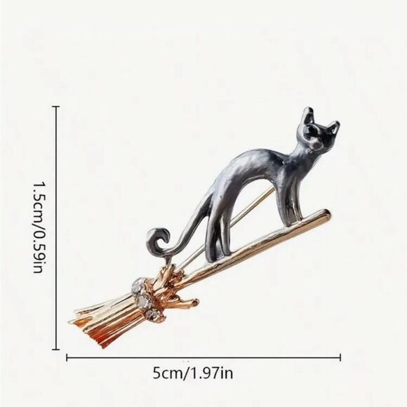 Gothic Brooch Black Cat On a Broom Gold & Black Tone, Jewel Accent, Ligh… - Picture 3 of 3